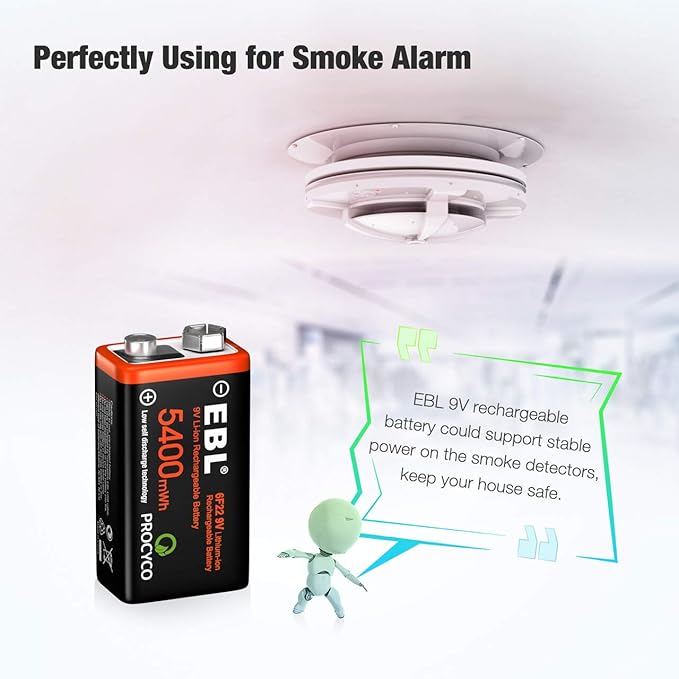 EBL Rechargeable 9V Lithium Batteries 5400mWh(600mAh) Micro USB Long-Lasting(2 Pack)