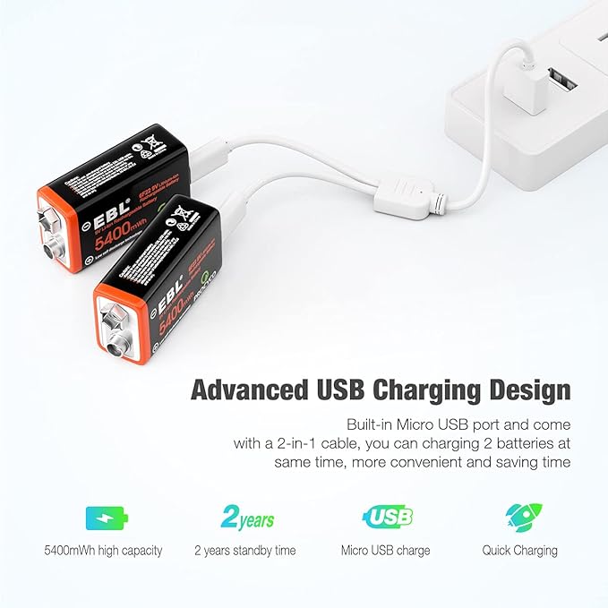 EBL Rechargeable 9V Lithium Batteries 5400mWh(600mAh) Micro USB Long-Lasting(2 Pack)