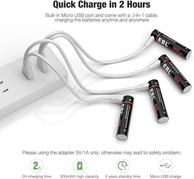EBL Micro USB Rechargeable AAA Lithium Batteries 1.5V 600mAh - 4 Pack