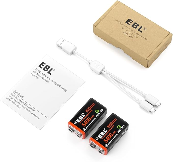 EBL Rechargeable 9V Lithium Batteries 5400mWh(600mAh) Micro USB Long-Lasting(2 Pack)