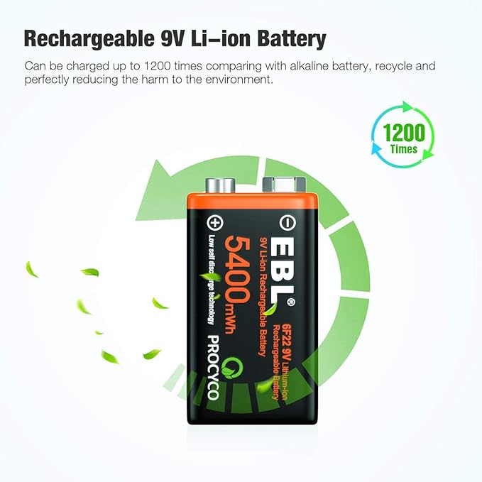 EBL Rechargeable 9V Lithium Batteries 5400mWh(600mAh) Micro USB Long-Lasting(2 Pack)