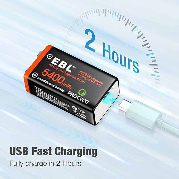 EBL Rechargeable 9V Lithium Batteries 5400mWh(600mAh) Micro USB Long-Lasting(2 Pack)