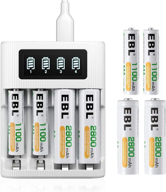 EBL AA and AAA 4 Slot LCD Battery Charger Micro/C USB input with 8 Batteries