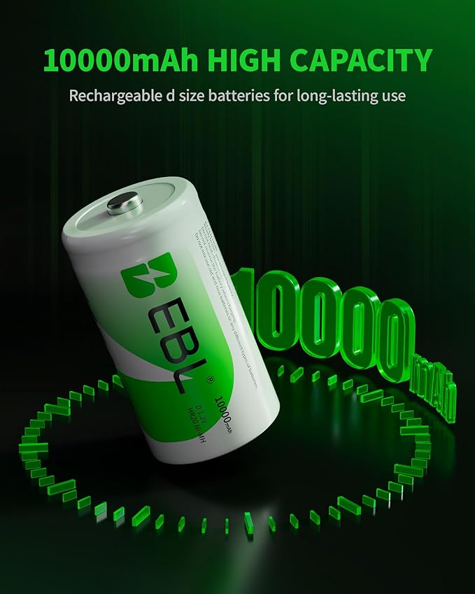 EBL D Battery D Size Rechargeable Batteries 10,000mAh Ni-MH, Pack of 2 - ProCyco Technology