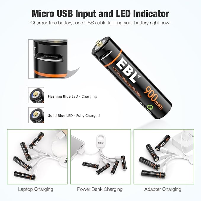 EBL Micro USB Rechargeable AAA Lithium Batteries 1.5V 600mAh - 4 Pack