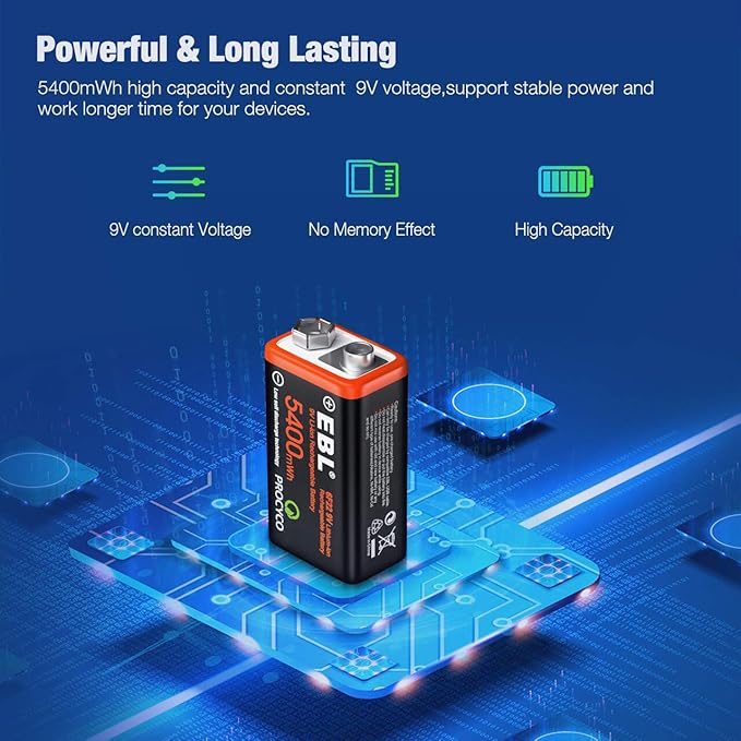 EBL Rechargeable 9V Lithium Batteries 5400mWh(600mAh) Micro USB Long-Lasting(2 Pack)