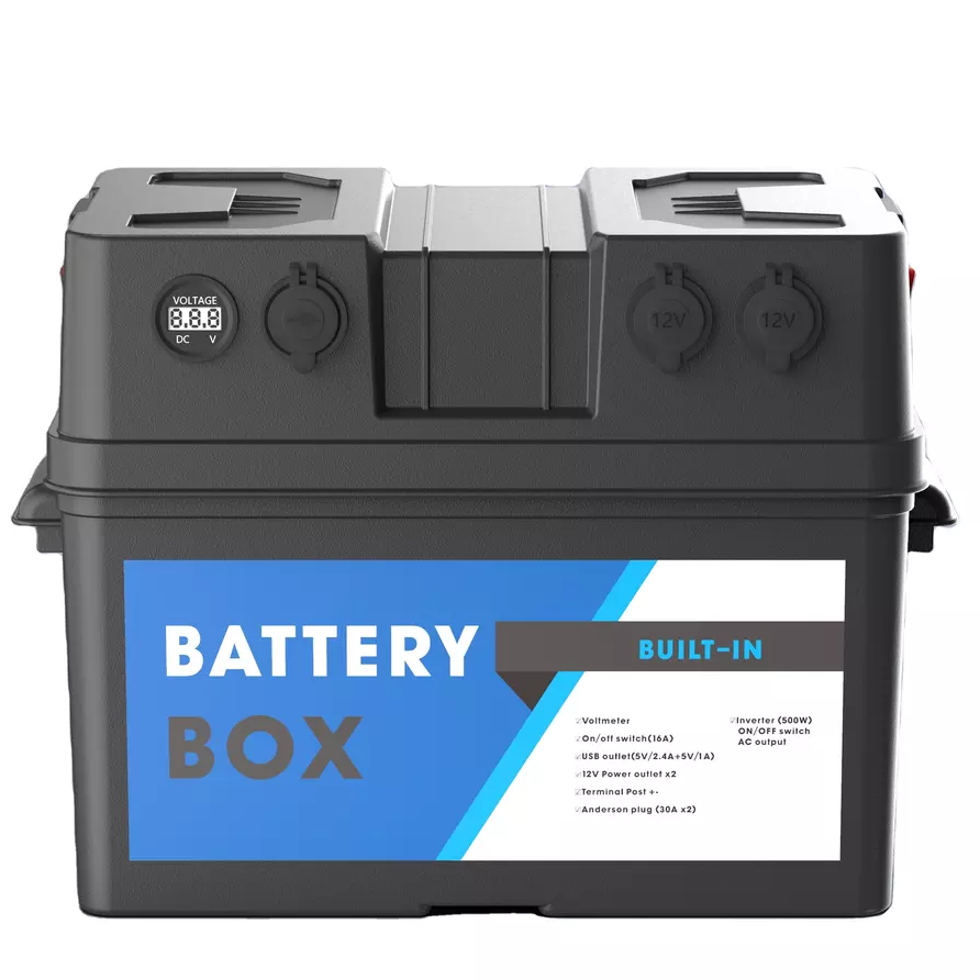Battery Box with Build-in 230V 500W Inverter AC Outlet and 12V outlets for Marine, Camping, RV, Trailer, Boat and Home use
