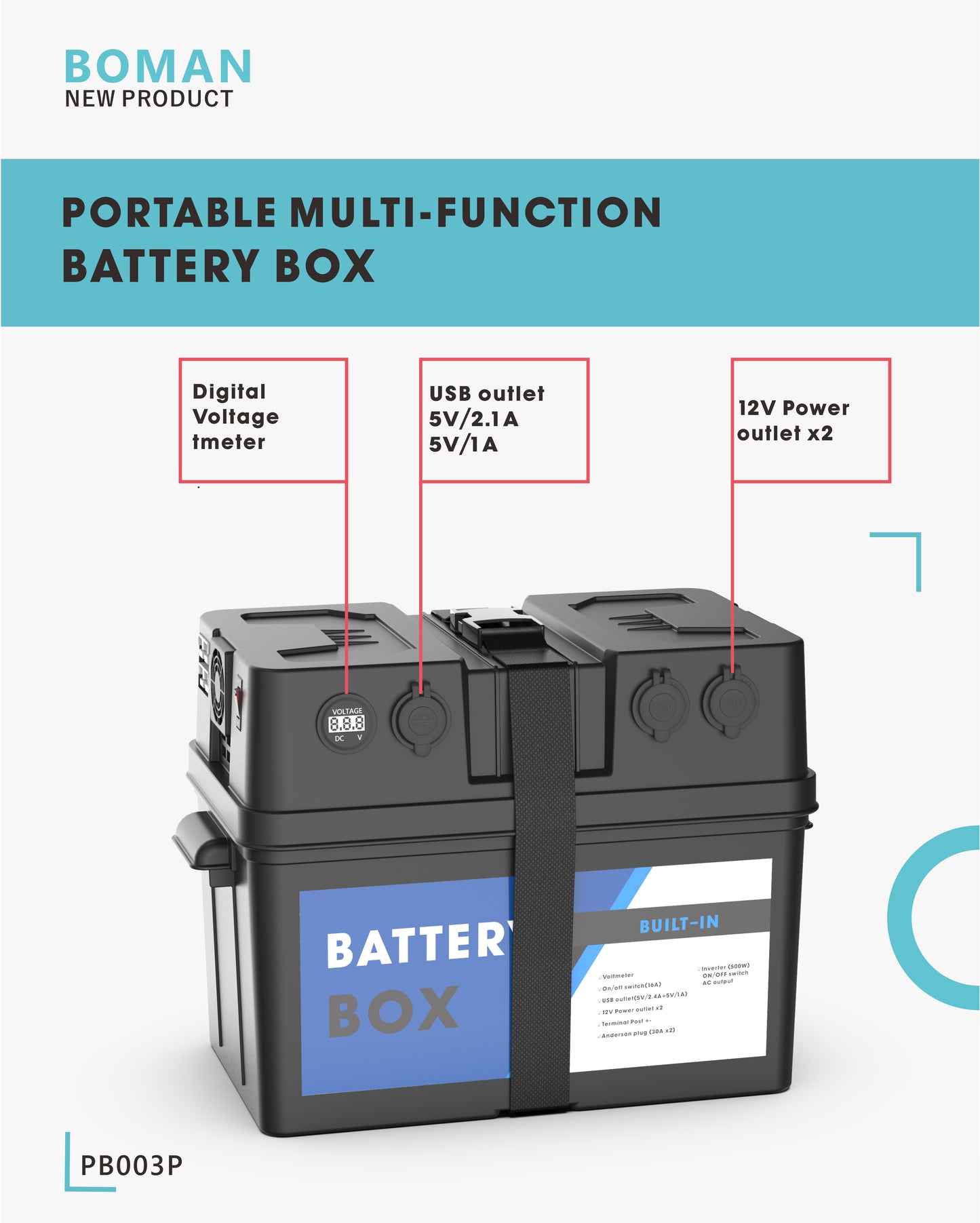 Battery Box with Build-in 230V 500W Inverter AC Outlet and 12V outlets for Marine, Camping, RV, Trailer, Boat and Home use