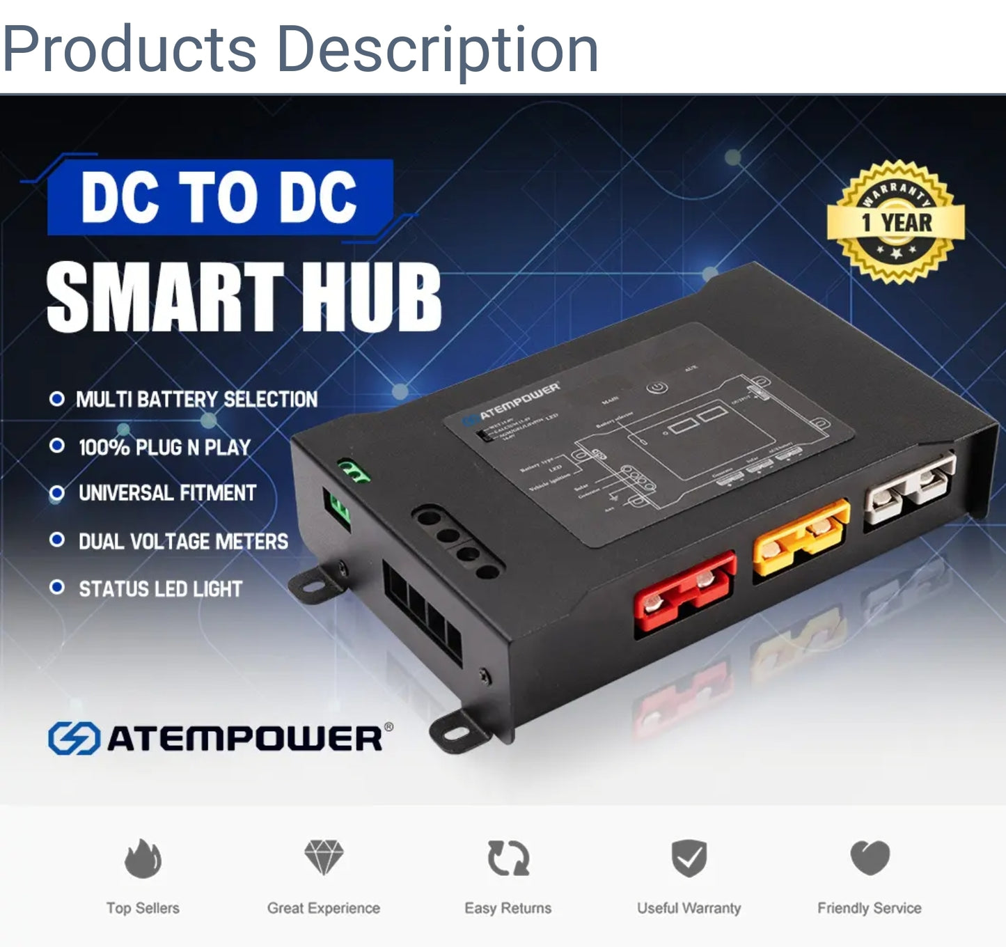 ATEM POWER DC to DC Smart Hub Dual Battery System Plug N Play with Status LED Light, Dual Voltage Meters, Suit for Wet Calcium AGM Gel LiFePO4 Batteries