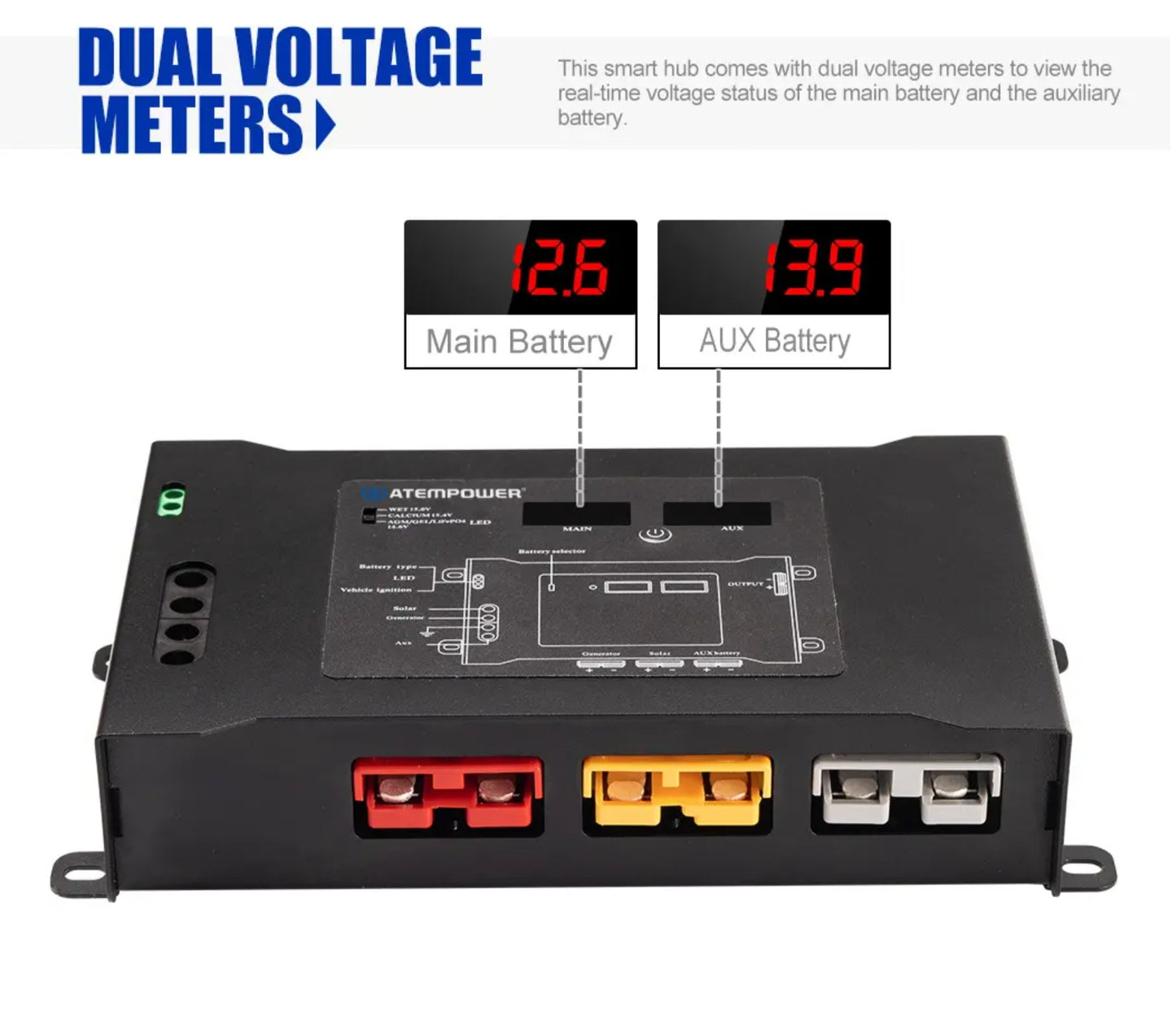 ATEM POWER DC to DC Smart Hub Dual Battery System Plug N Play with Status LED Light, Dual Voltage Meters, Suit for Wet Calcium AGM Gel LiFePO4 Batteries