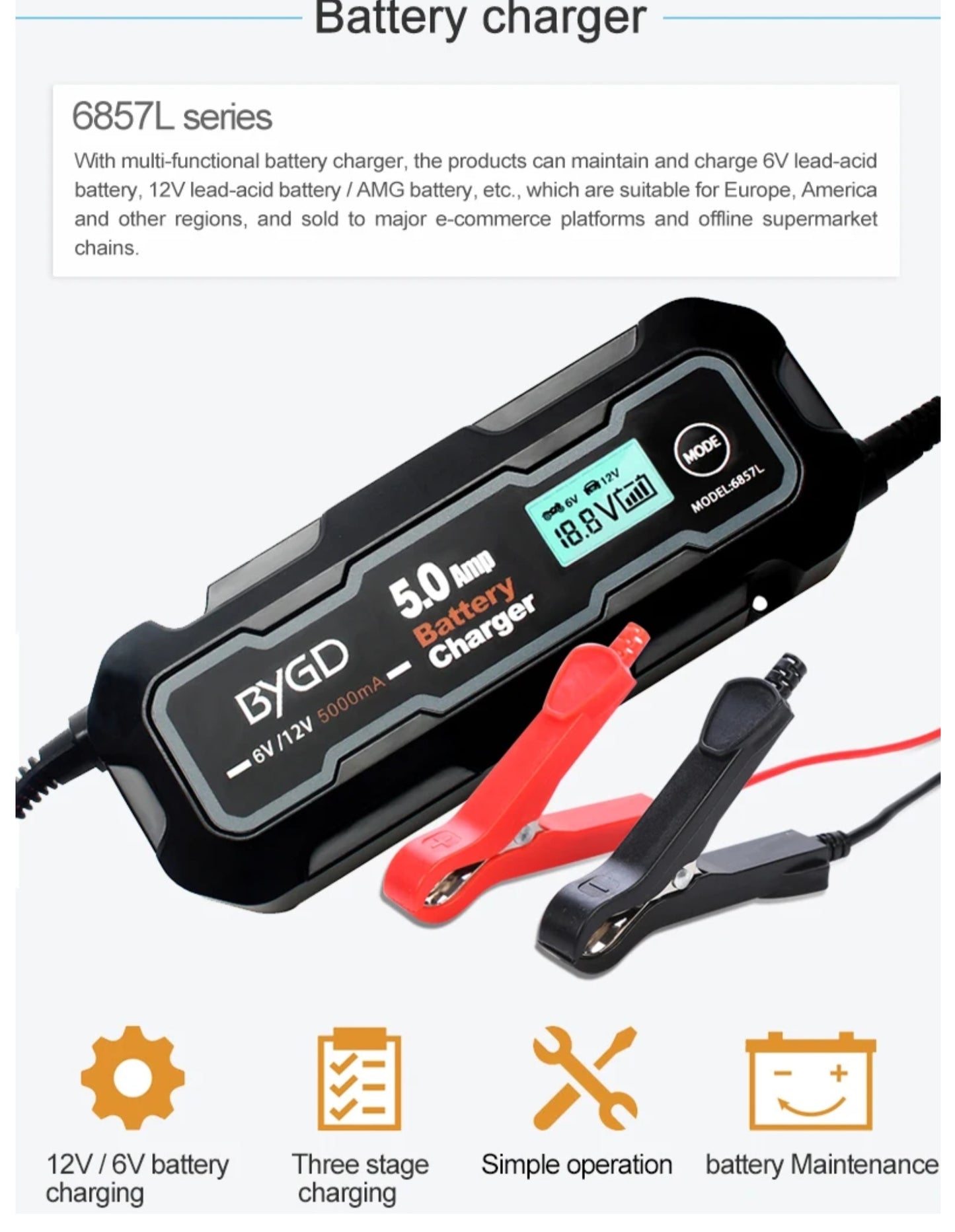 6V/12V 5A Battery Charger with LCD Display