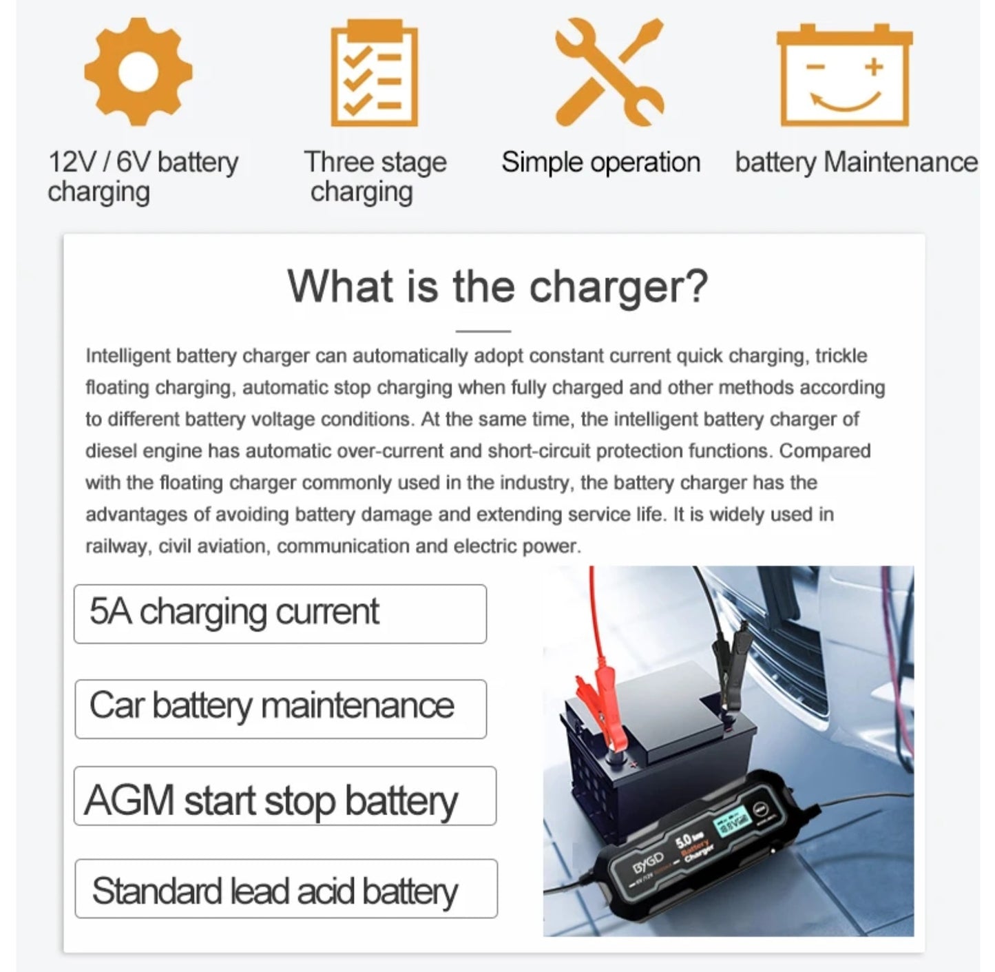 6V/12V 5A Battery Charger with LCD Display