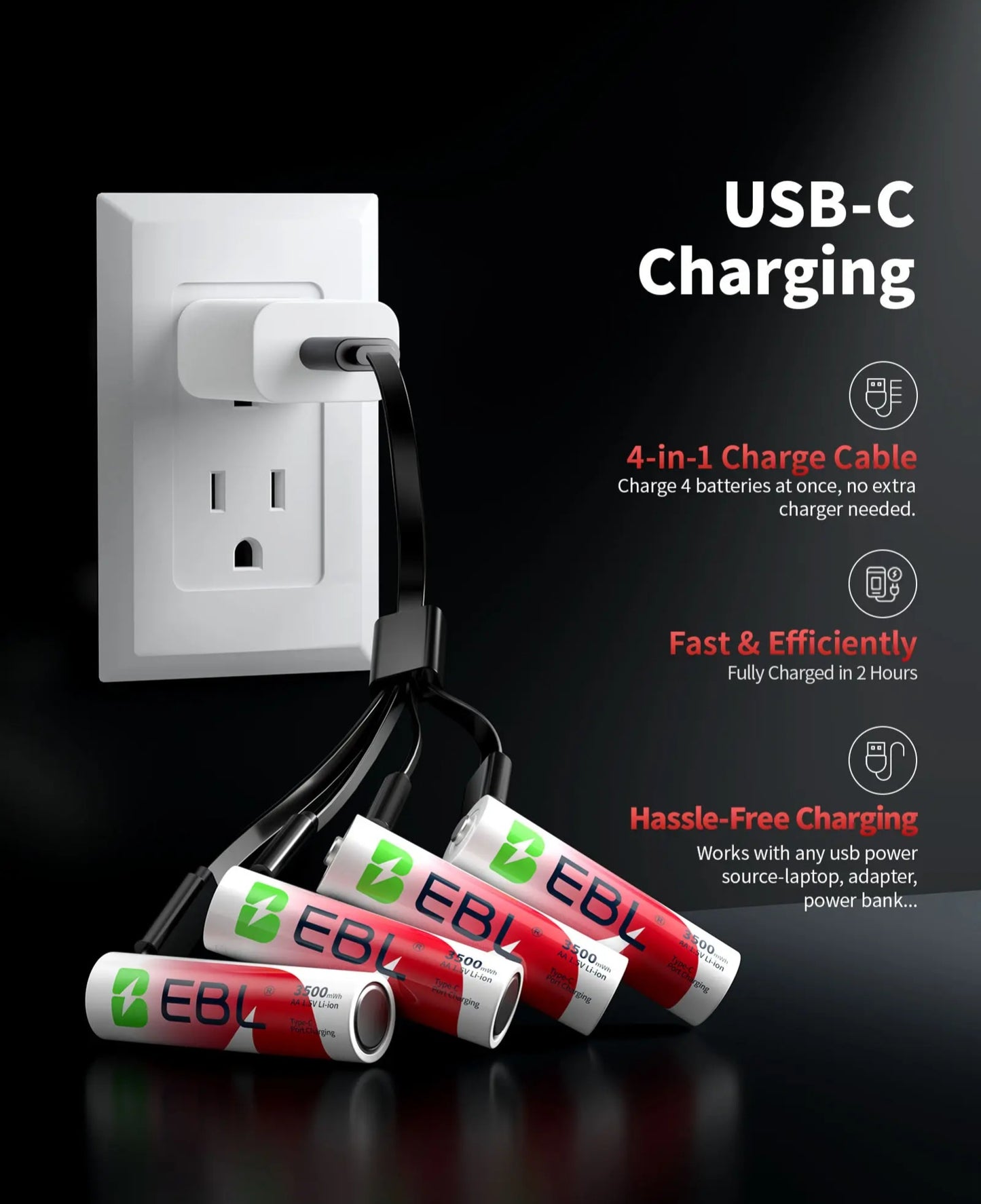 EBL 3500mWh (2333mAh)Lithium AA Rechargeable Battery High Capacity with USB-C Cable - 4 Packs in One Storage Case
