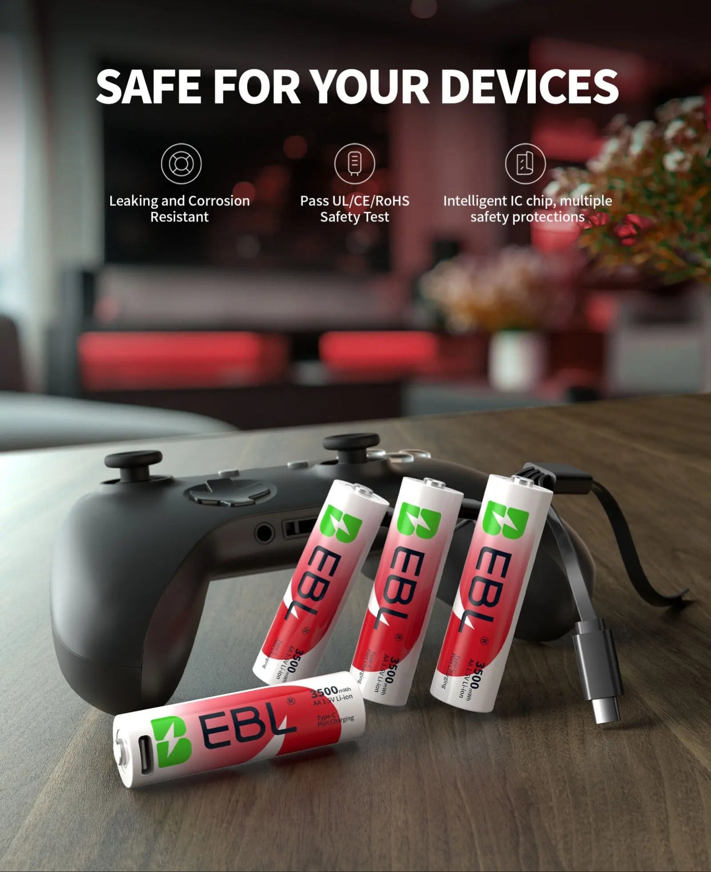 EBL 3500mWh (2333mAh)Lithium AA Rechargeable Battery High Capacity with USB-C Cable - 4 Packs in One Storage Case