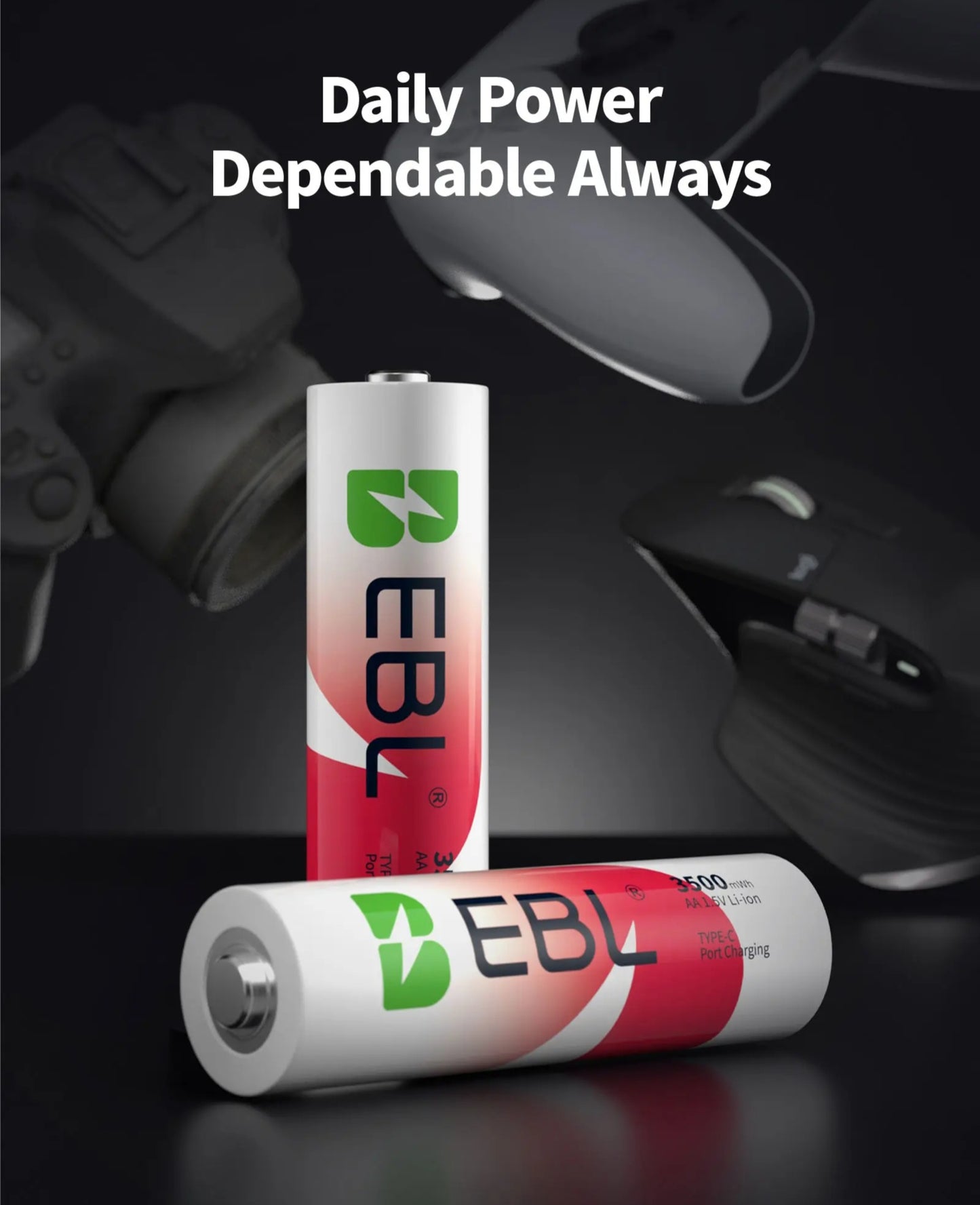 EBL 3500mWh (2333mAh)Lithium AA Rechargeable Battery High Capacity with USB-C Cable - 4 Packs in One Storage Case