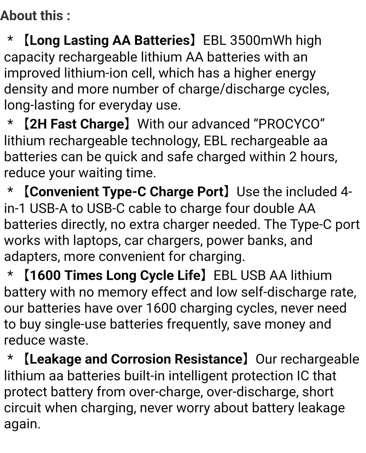 EBL 3500mWh (2333mAh)Lithium AA Rechargeable Battery High Capacity with USB-C Cable - 4 Packs in One Storage Case