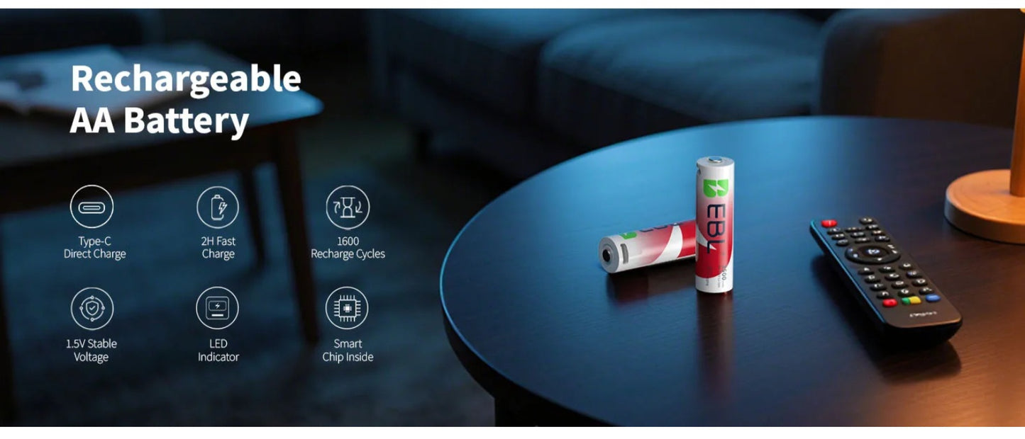 EBL 3500mWh (2333mAh)Lithium AA Rechargeable Battery High Capacity with USB-C Cable - 4 Packs in One Storage Case