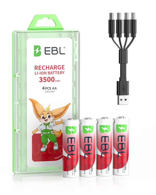 EBL 3500mWh (2333mAh)Lithium AA Rechargeable Battery High Capacity with USB-C Cable - 4 Packs in One Storage Case