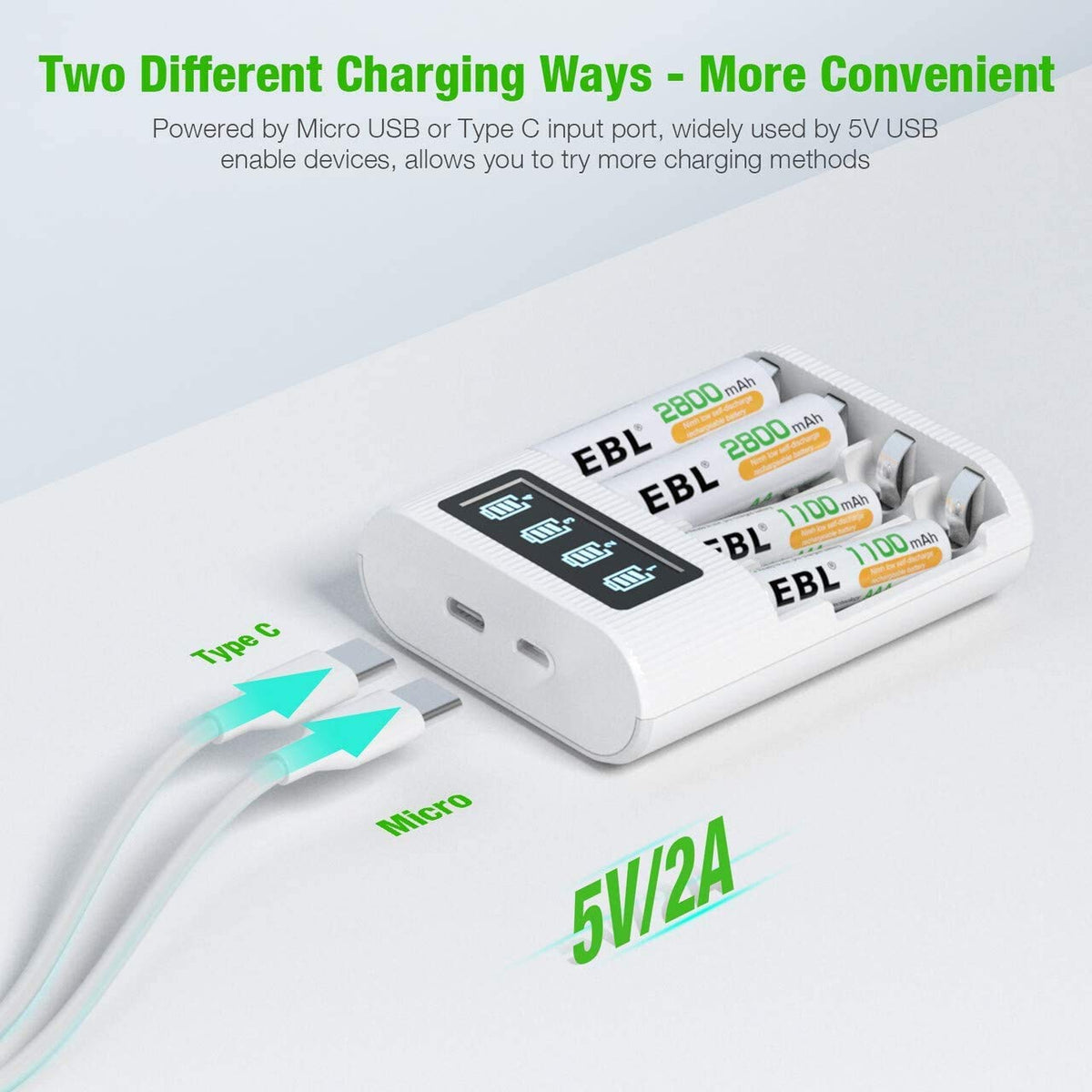 EBL AA and AAA 4 Slot LCD Battery Charger Micro/C USB input with Batteries