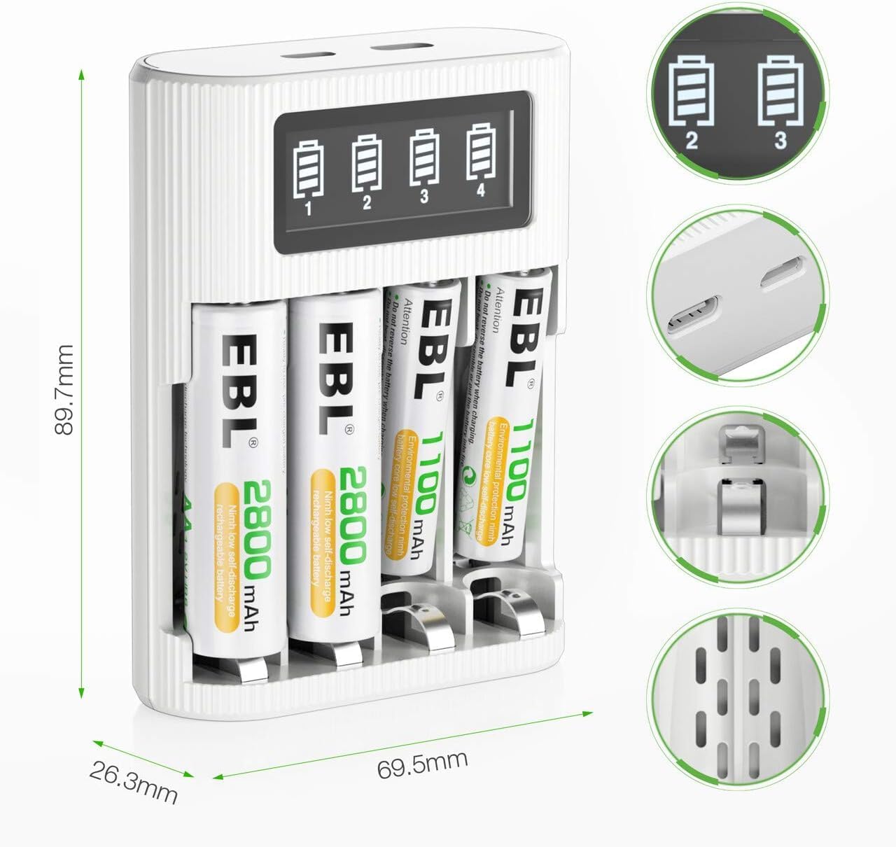 EBL AA and AAA 4 Slot LCD Battery Charger Micro/C USB input with Batteries