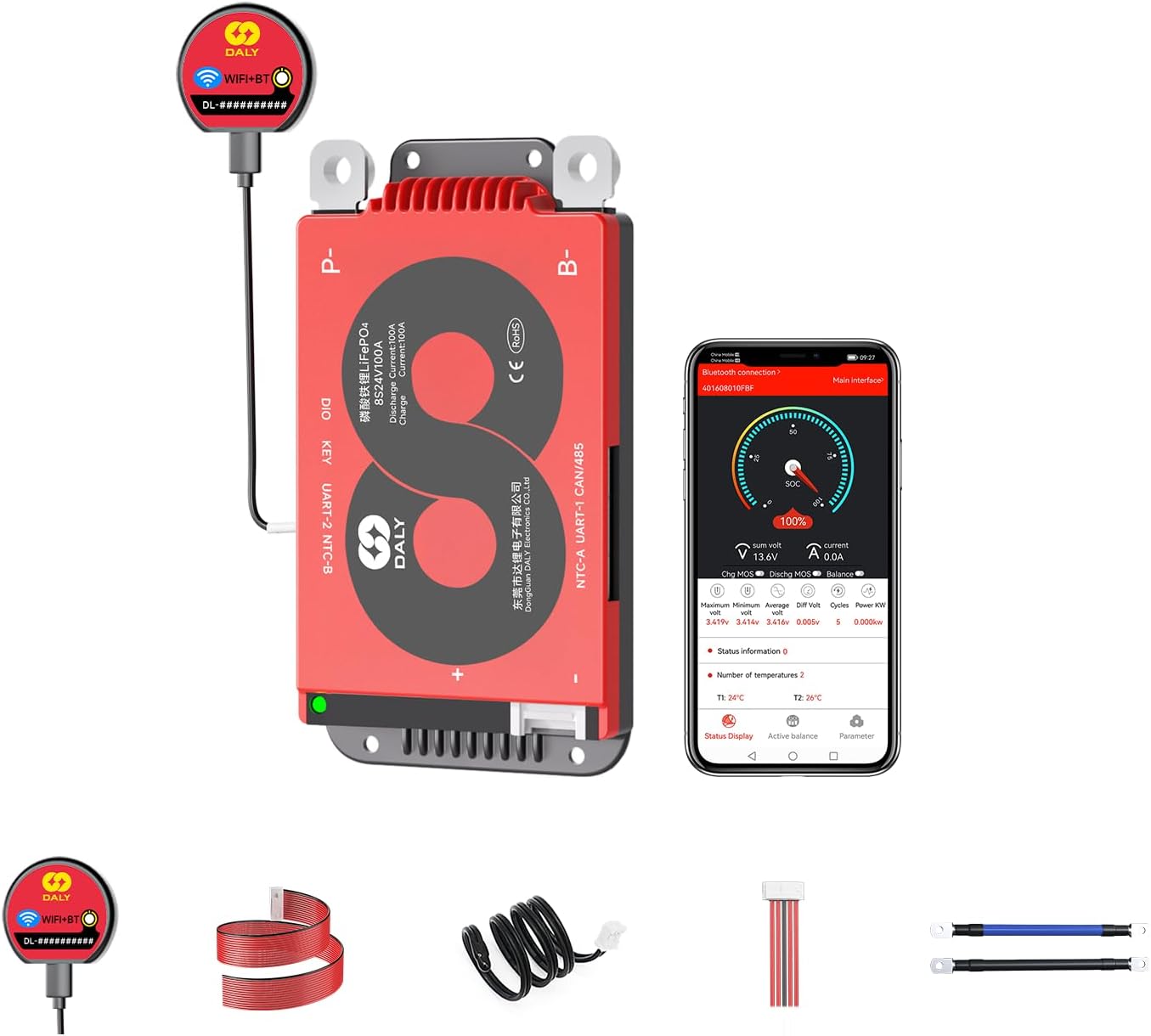 DALY Smart BMS with WiFi Module and CAN 485 Communication Protection Board for LifePO4 Lithium Battery Pack