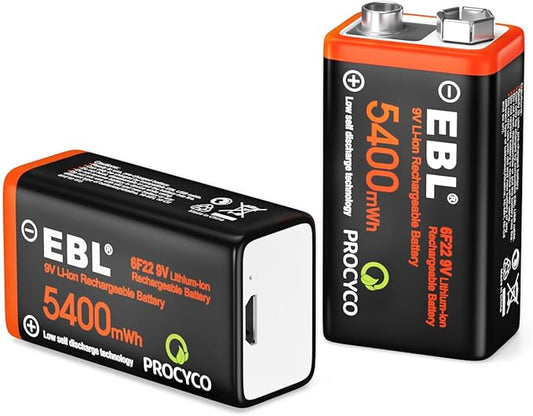 EBL Rechargeable 9V Lithium Batteries 5400mWh(600mAh) Micro USB Long-Lasting(2 Pack)