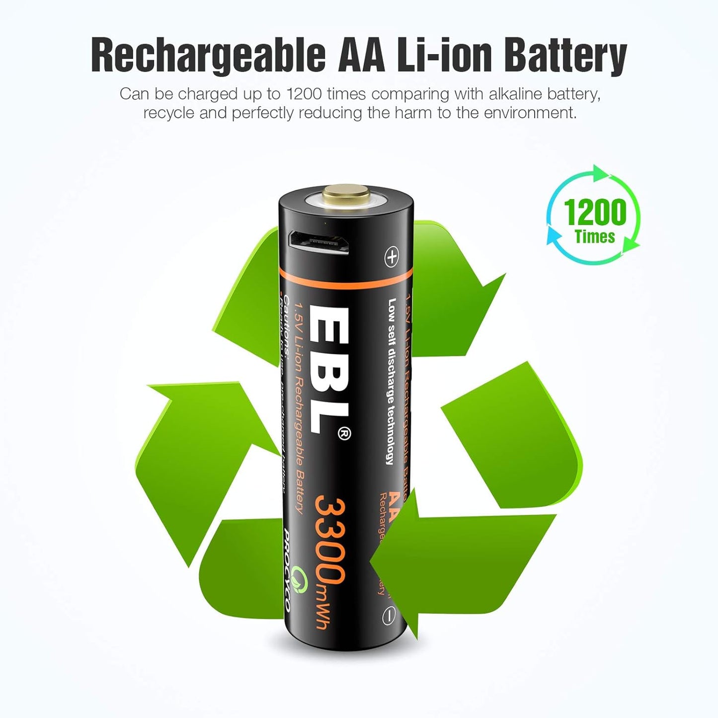 EBL 3300mWh Lithium AA Rechargeable Battery with Micro USB Cable