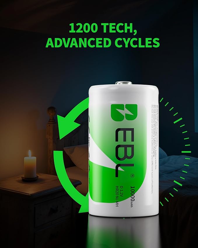 EBL D Battery D Size Rechargeable Batteries 10,000mAh Ni-MH, Pack of 2 - ProCyco Technology
