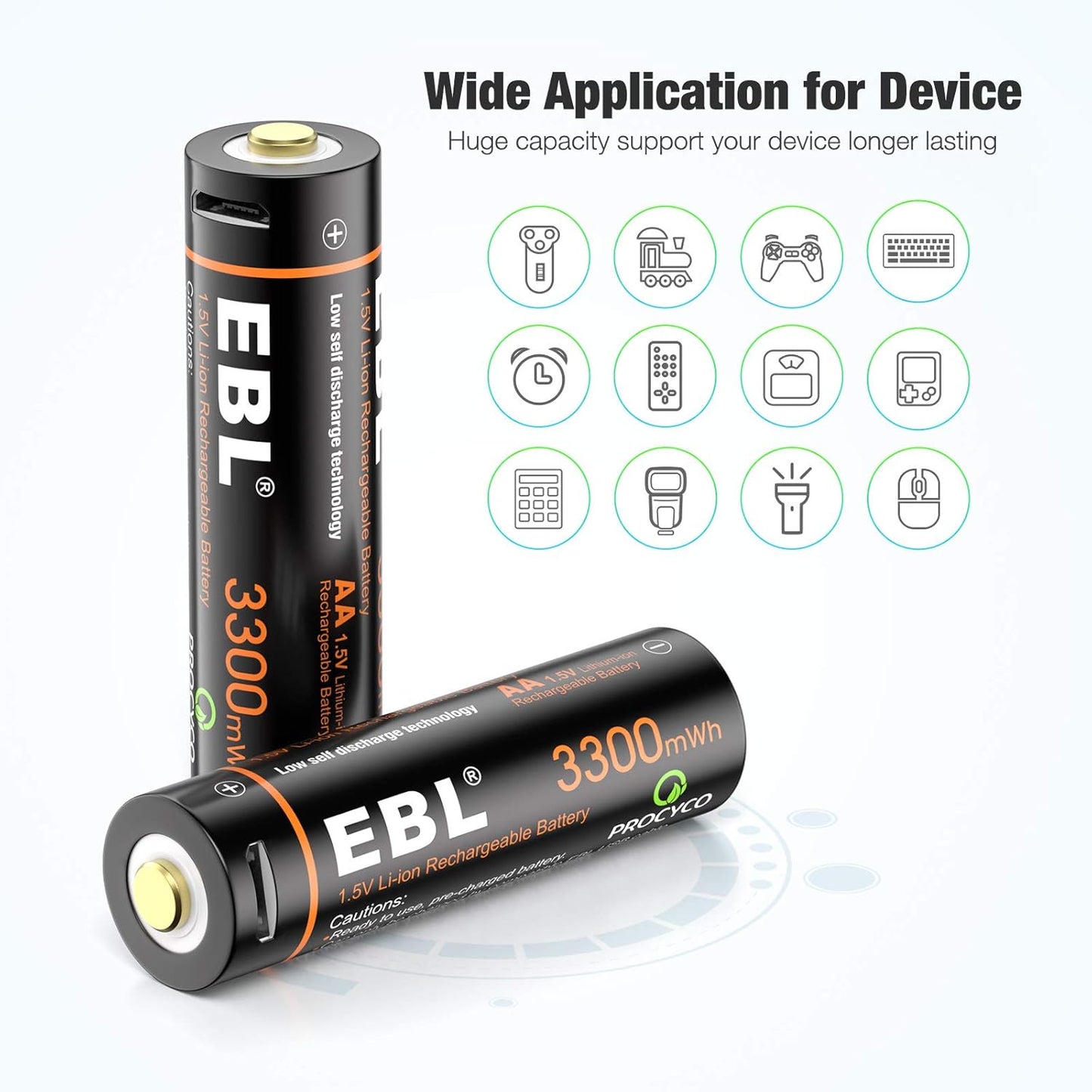 EBL 3300mWh Lithium AA Rechargeable Battery with Micro USB Cable