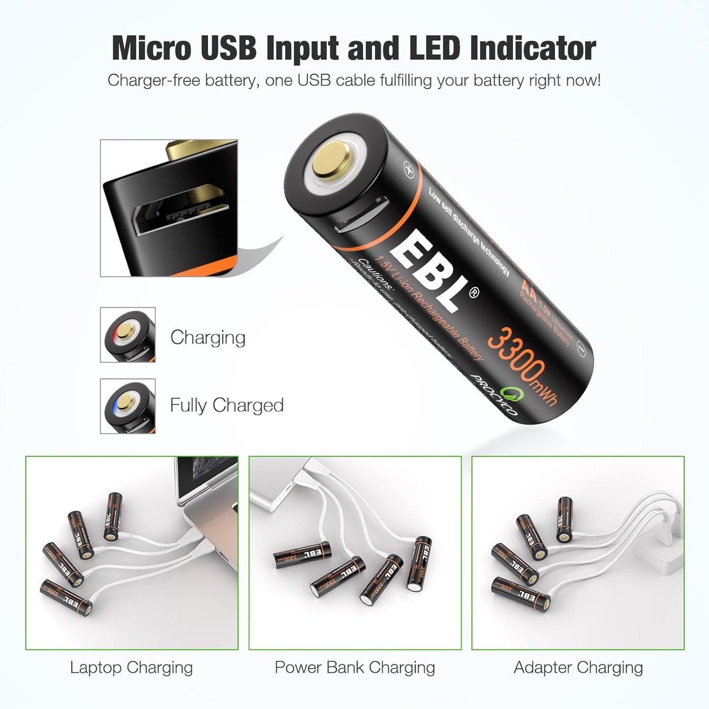 EBL 3300mWh Lithium AA Rechargeable Battery with Micro USB Cable