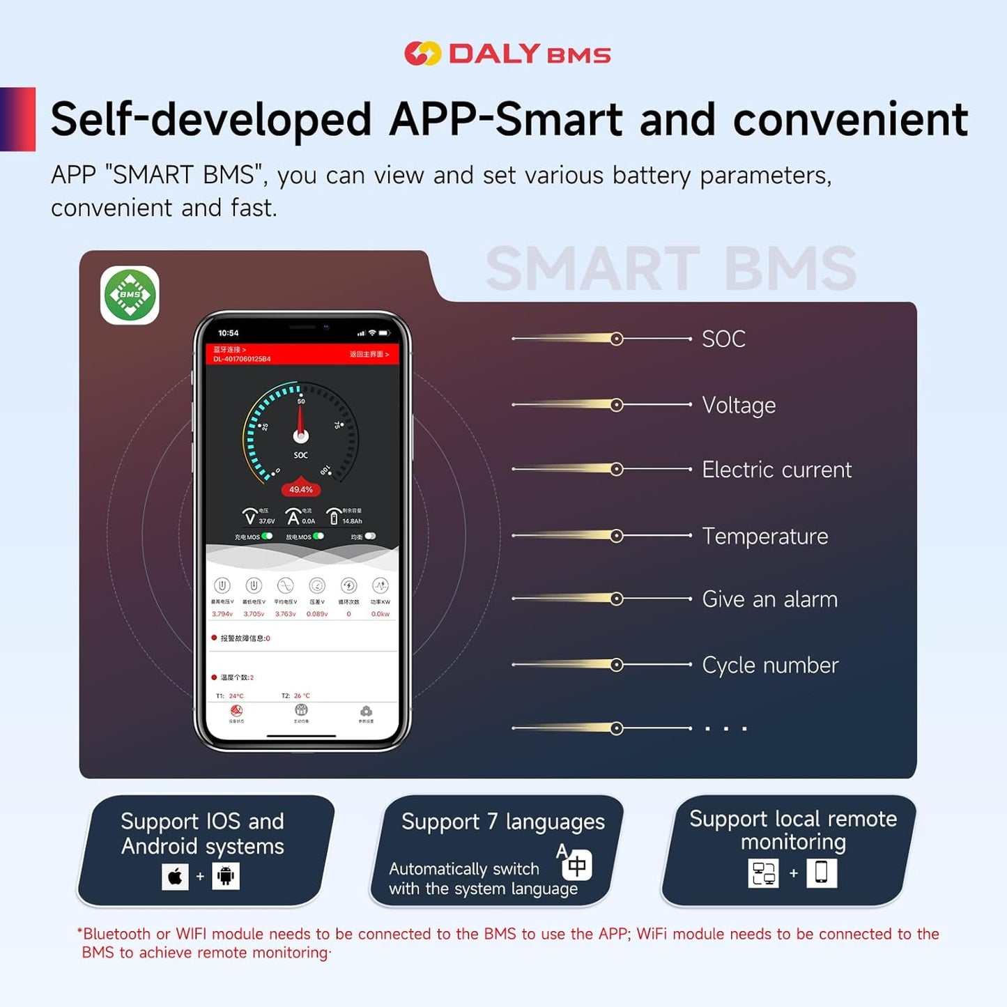 DALY Smart BMS with WiFi Module and CAN 485 Communication Protection Board for LifePO4 Lithium Battery Pack