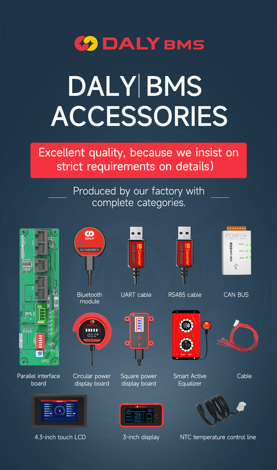 Daly smart bms Accessories (new series) 3s-24s 12v-72v 30a-500a BT UART RS485 CAN light board temperature sensor LCD display function