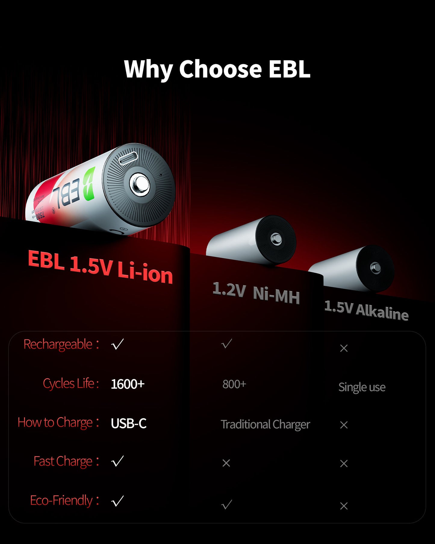 EBL Rechargeable D Batteries Lithium with 7500mWh 1.5V 2 USB-C Charge Cable