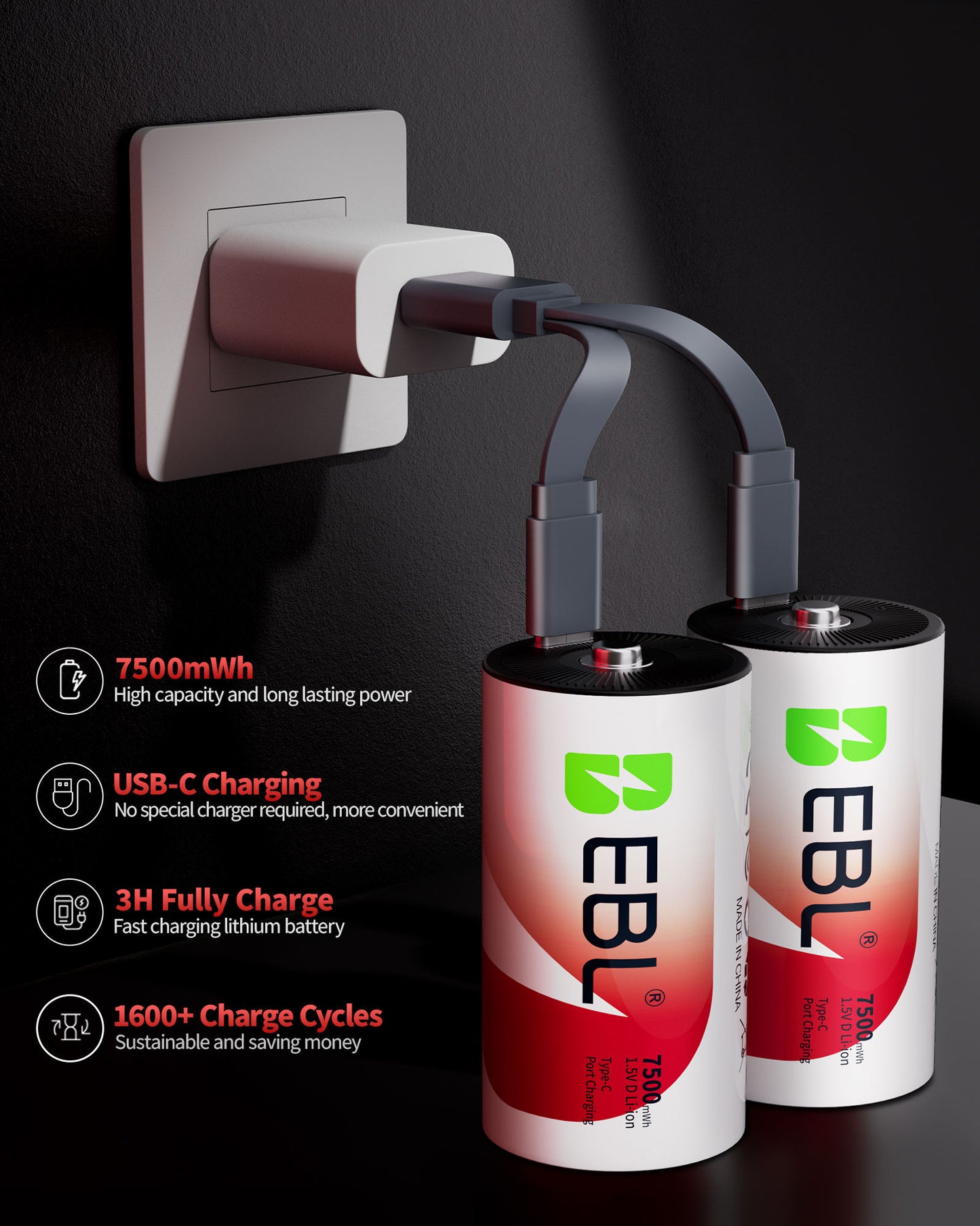 EBL Rechargeable D Batteries Lithium with 7500mWh 1.5V 2 USB-C Charge Cable