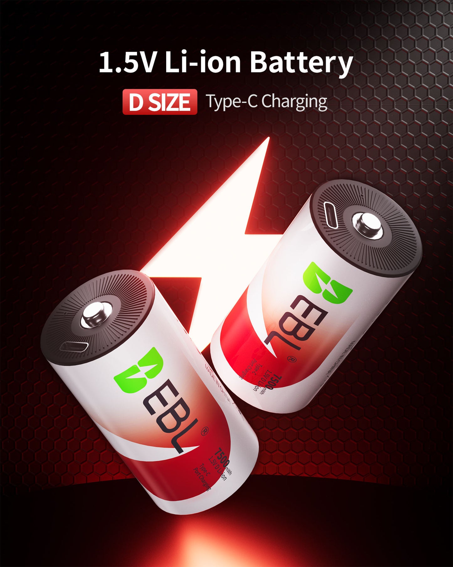 EBL Rechargeable D Batteries Lithium with 7500mWh 1.5V 2 USB-C Charge Cable