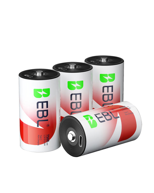 EBL Rechargeable D Batteries Lithium with 7500mWh 1.5V 2 USB-C Charge Cable