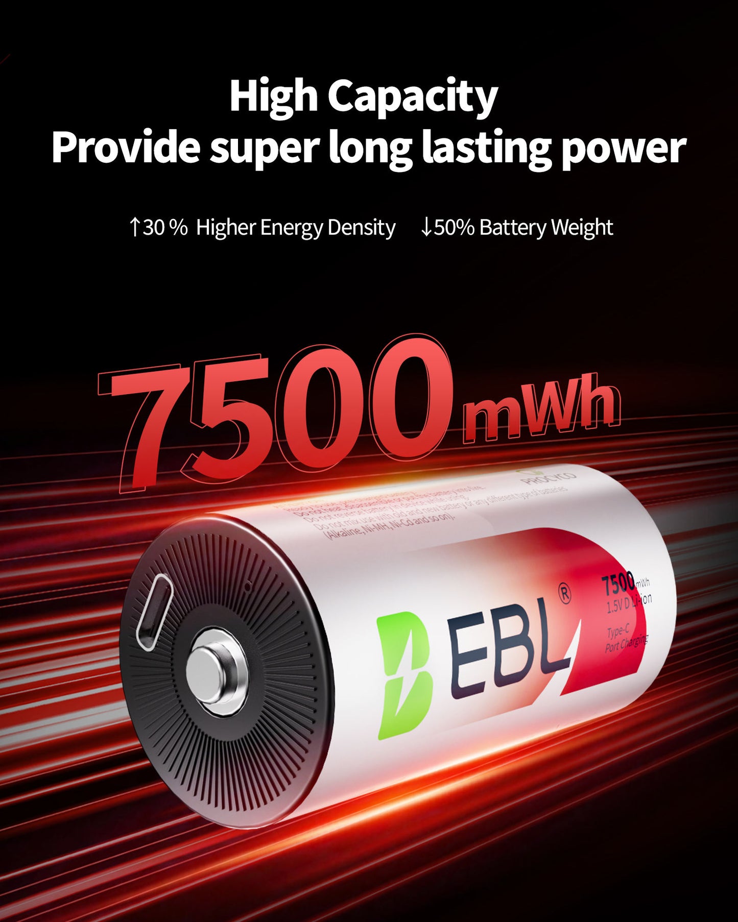 EBL Rechargeable D Batteries Lithium with 7500mWh 1.5V 2 USB-C Charge Cable