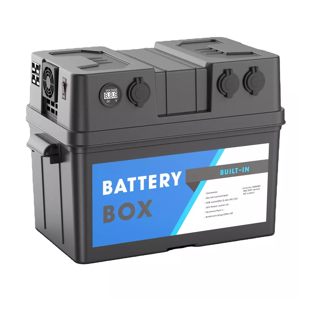 Battery Box with Build-in 230V 500W Inverter AC Outlet and 12V outlets for Marine, Camping, RV, Trailer, Boat and Home use
