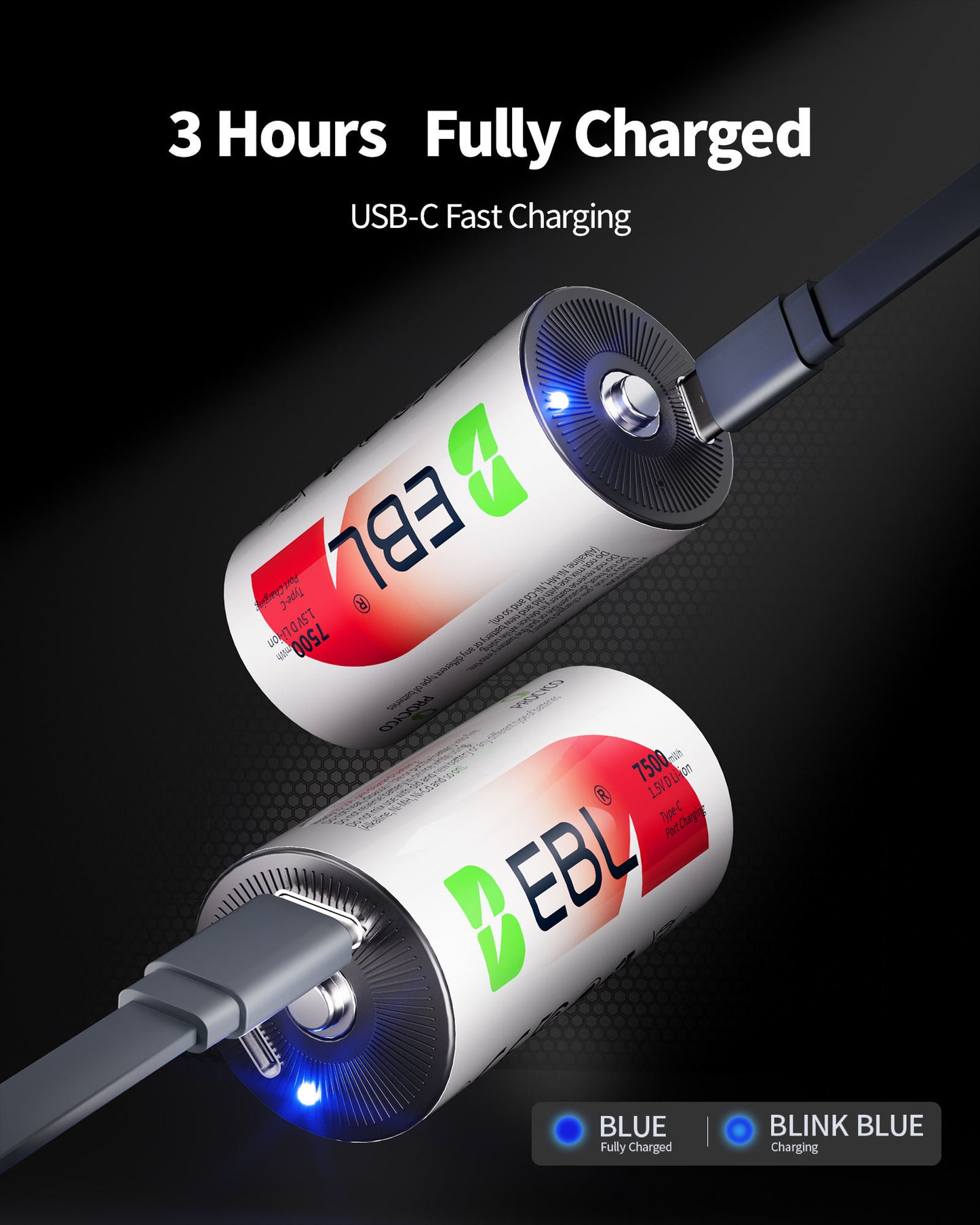 EBL Rechargeable D Batteries Lithium with 7500mWh 1.5V 2 USB-C Charge Cable