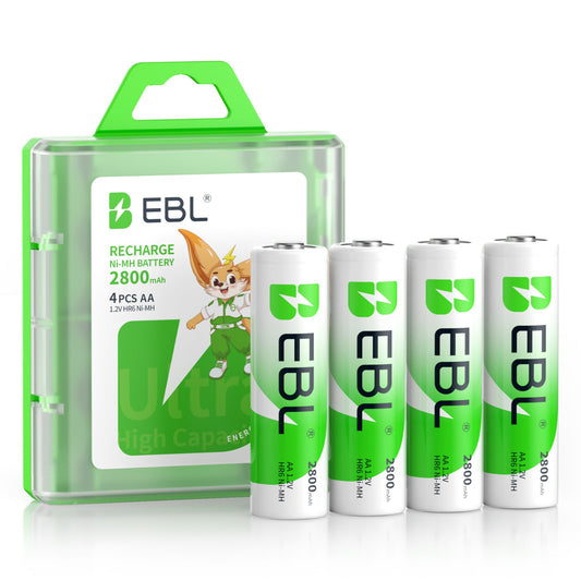 EBL AA Rechargeable Batteries,1.2V NiMH Double A Battery 2800mAh High Capacity Pre-Charged Long Lasting - 4 Pack