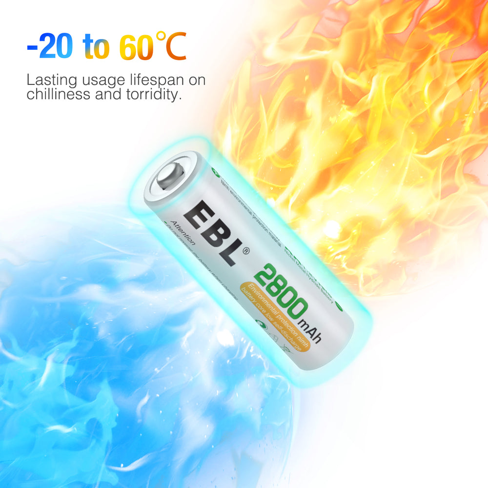 EBL AA Rechargeable Batteries,1.2V NiMH Double A Battery 2800mAh High Capacity Pre-Charged Long Lasting - 4 Pack