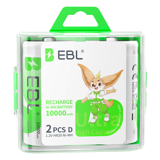 EBL D Battery D Size Rechargeable Batteries 10,000mAh Ni-MH, Pack of 2 - ProCyco Technology