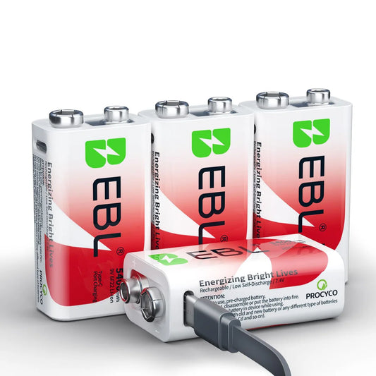 EBL Rechargeable 9V Lithium Batteries 5400mWh(600mAh) USB-C