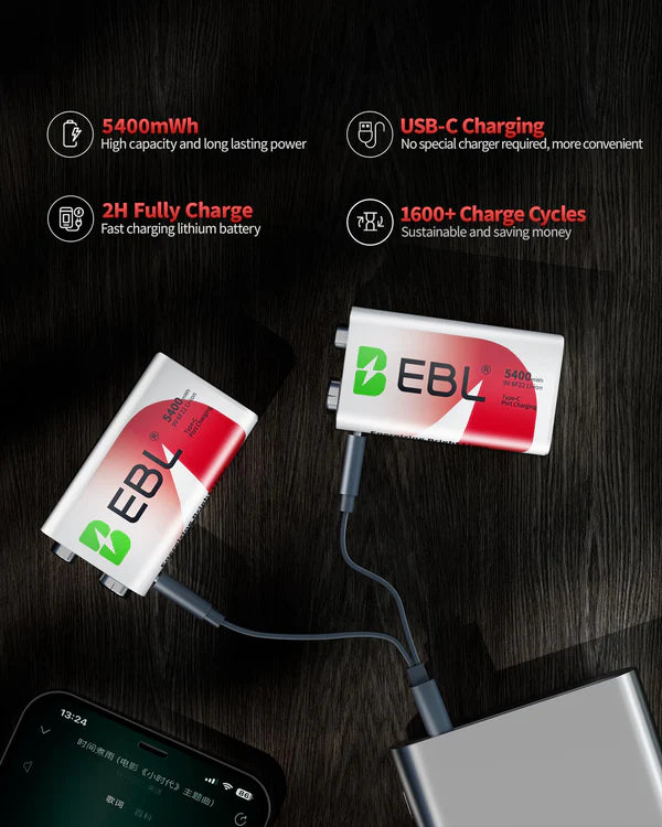 EBL Rechargeable 9V Lithium Batteries 5400mWh(600mAh) USB-C