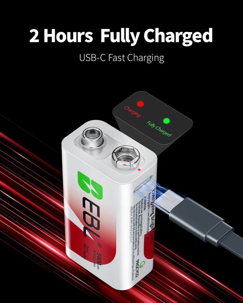 EBL Rechargeable 9V Lithium Batteries 5400mWh(600mAh) USB-C