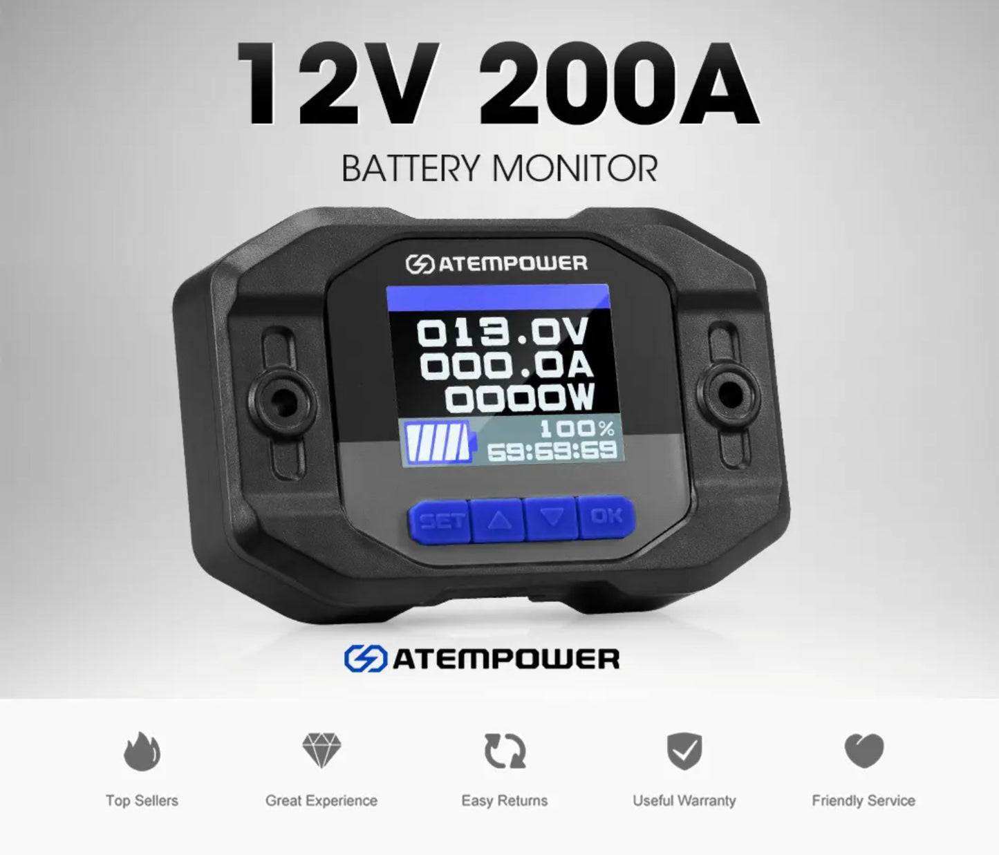 ATEM POWER 12V 200A High Precision Battery Capacity Indicator Monitor