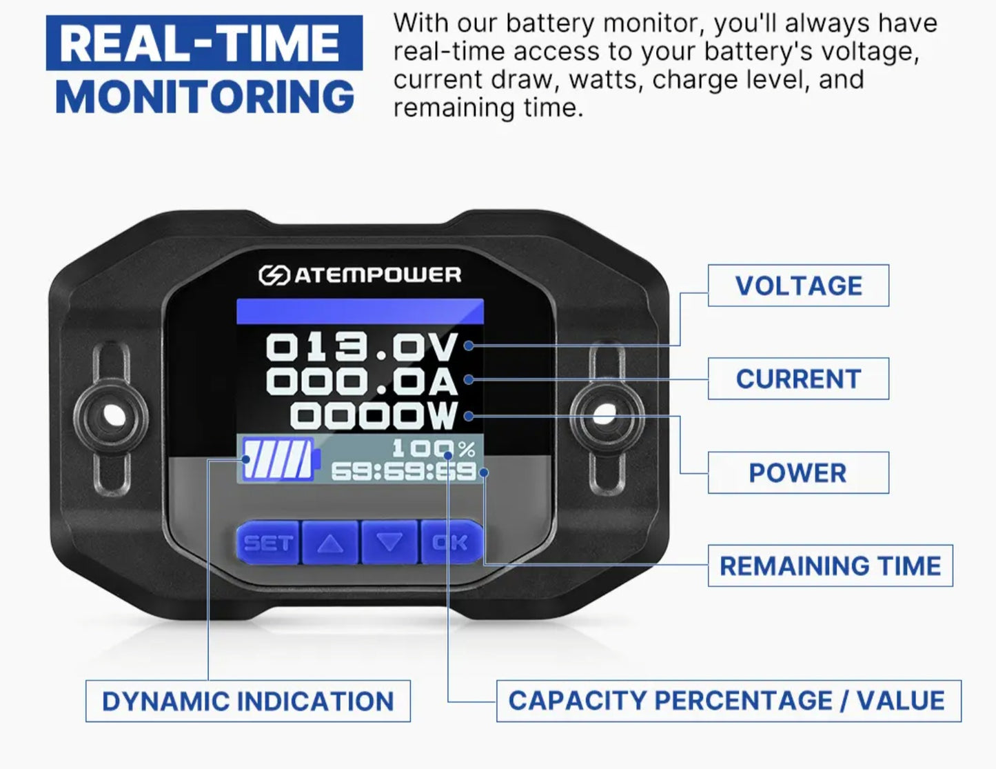 ATEM POWER 12V 200A High Precision Battery Capacity Indicator Monitor