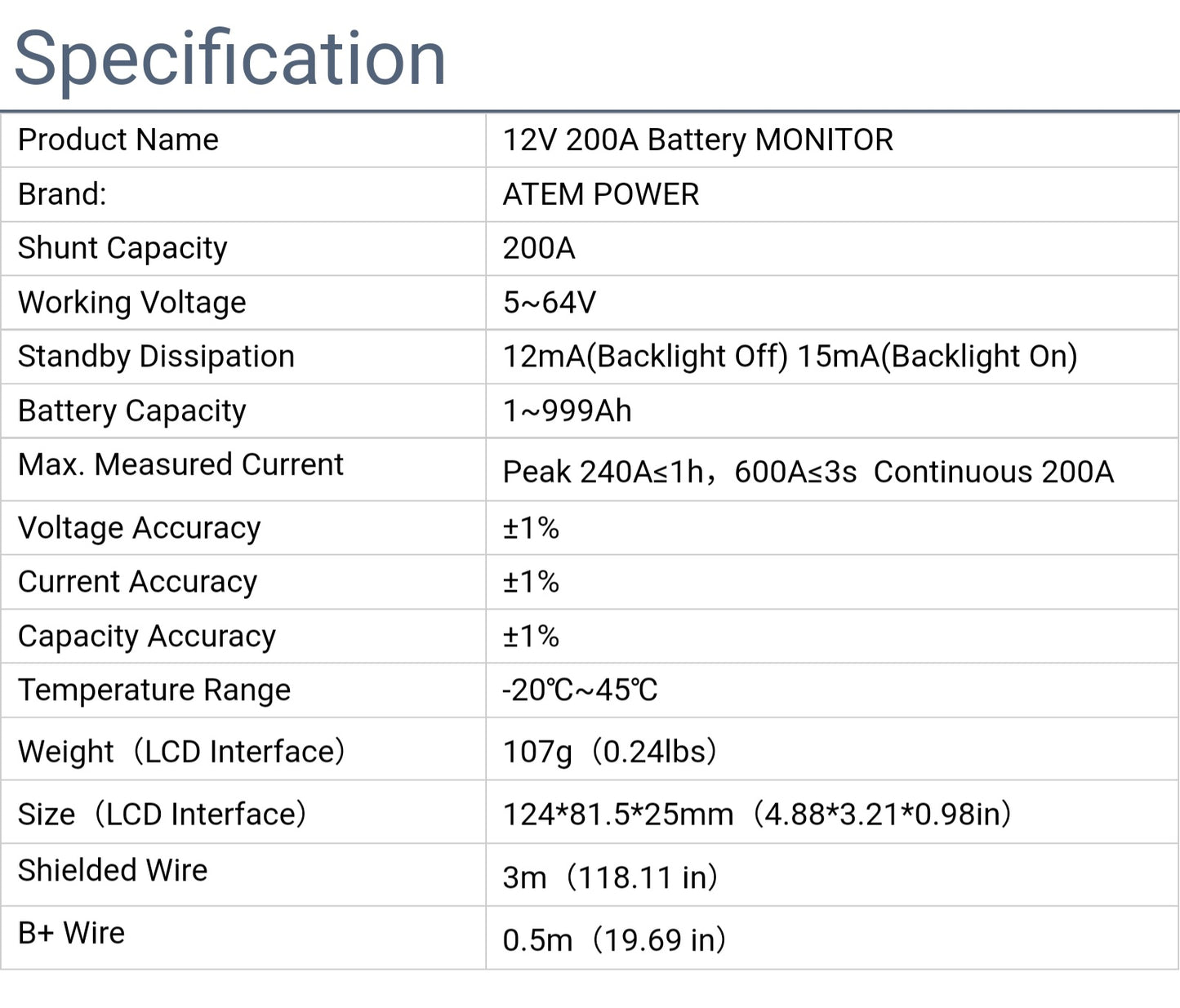 ATEM POWER 12V 200A High Precision Battery Capacity Indicator Monitor
