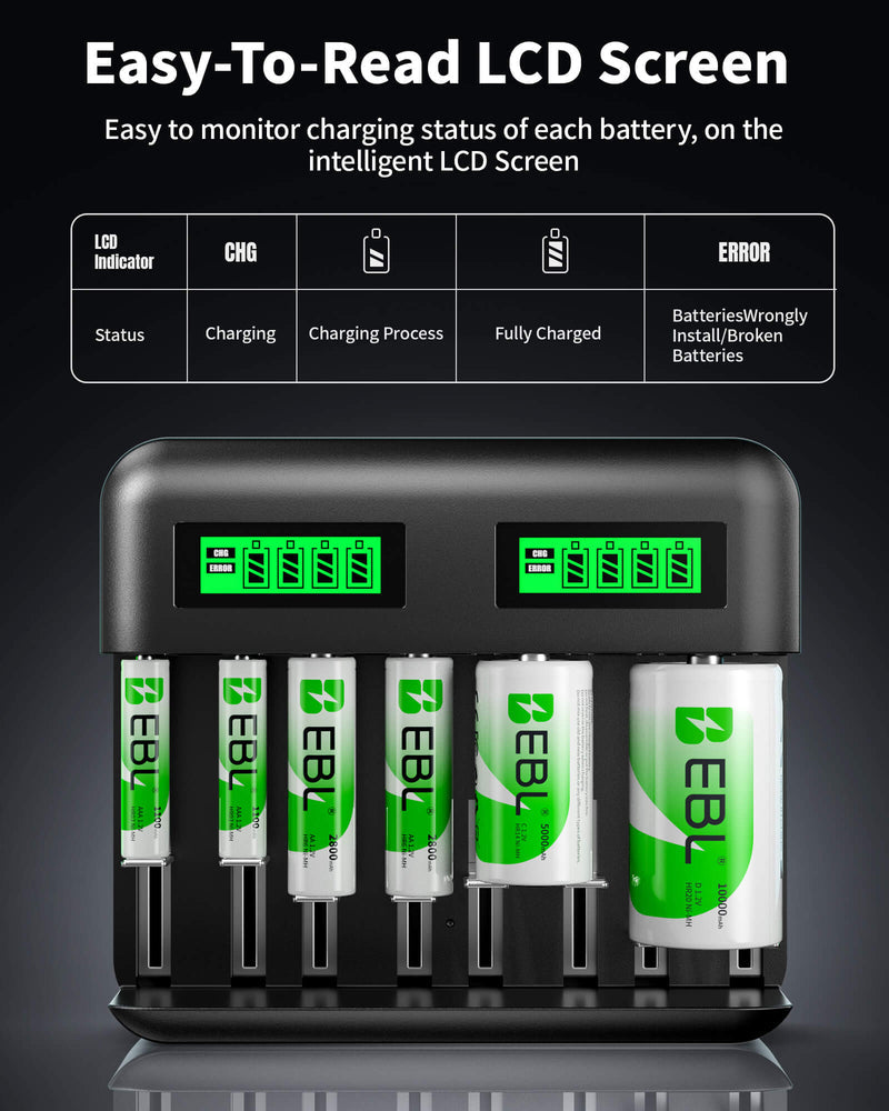 EBL C9008 8Bay LCD Universal Battery Charger for AA AAA C D Ni-MH Batteries