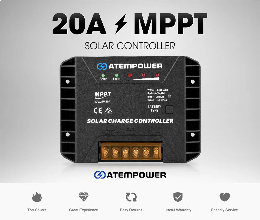 ATEM POWER 20A 12V/24V MPPT Solar Charge Controller Selecting Battery Type Activate Lithium Battery Intelligent Solar Controller Compatible with Lead Acid, AGM, Gel, Calcium and LiFePO4 Battery